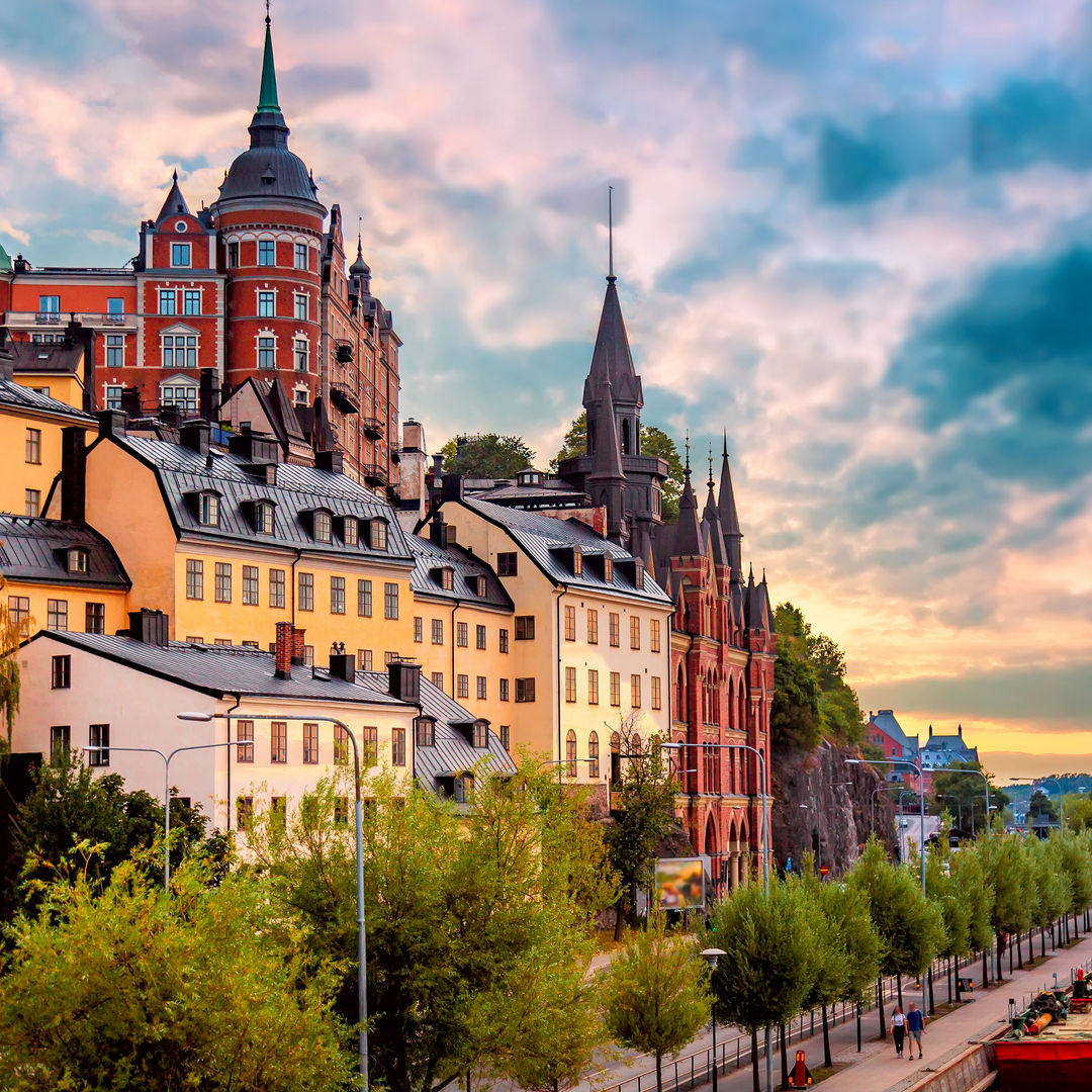 Stockholm, Sweden. Scenic summer sunset view with colorful sky of the Old Town architecture in Sodermalm district.